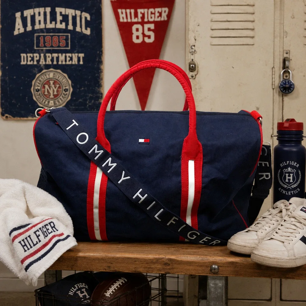 Vintage Tommy Hilfiger Navy Red Nylon Duffle Bag Spellout 90s Y2K Gym Weekender
